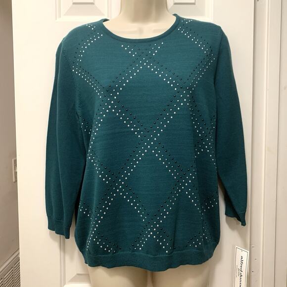 Alfred Dunner Sweater Petite Large 3/4 Sleeve NWT Mallard Green Embellished - Picture 1 of 5